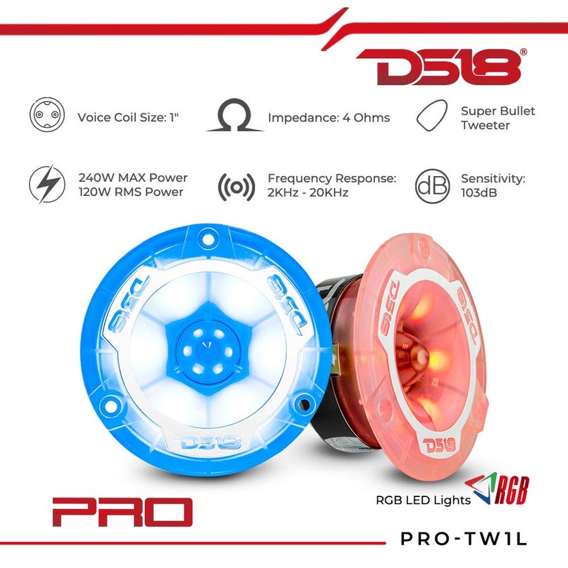 DS18 PRO-TW1L RGB Alluminum Super Bullet Tweeter - 1" Voice Coil, Polycarbonate Body and Bullet, 400W Max, 200W Rms, 4 Ohms, Built in Crossover - Pro Tweeters are The Best (2 Speakers) - Image 2